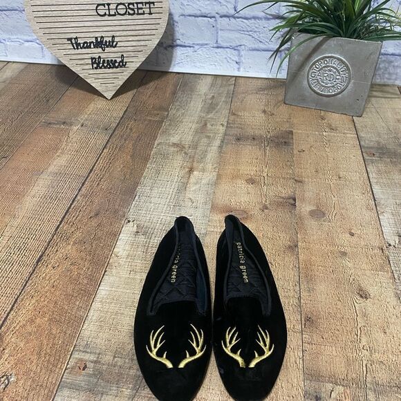 Patricia Green Elegant Antler Embroidered black Slippers Slip On Flats Shoes 6 - Picture 3 of 10